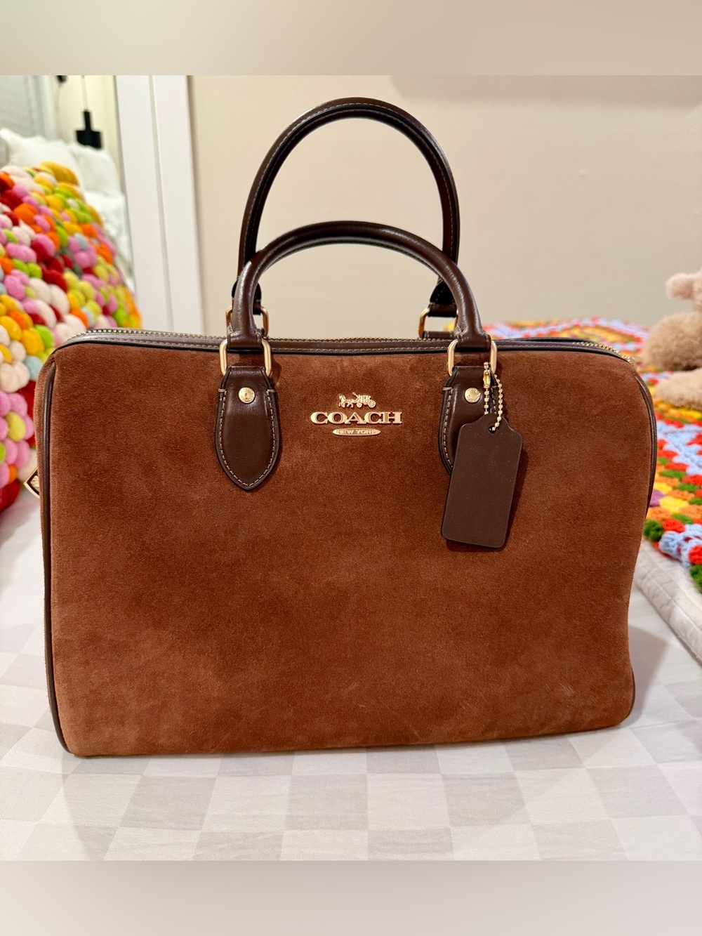 Coach Brown Suede Leather Top-Handle Satchel with Dark Brown Trim